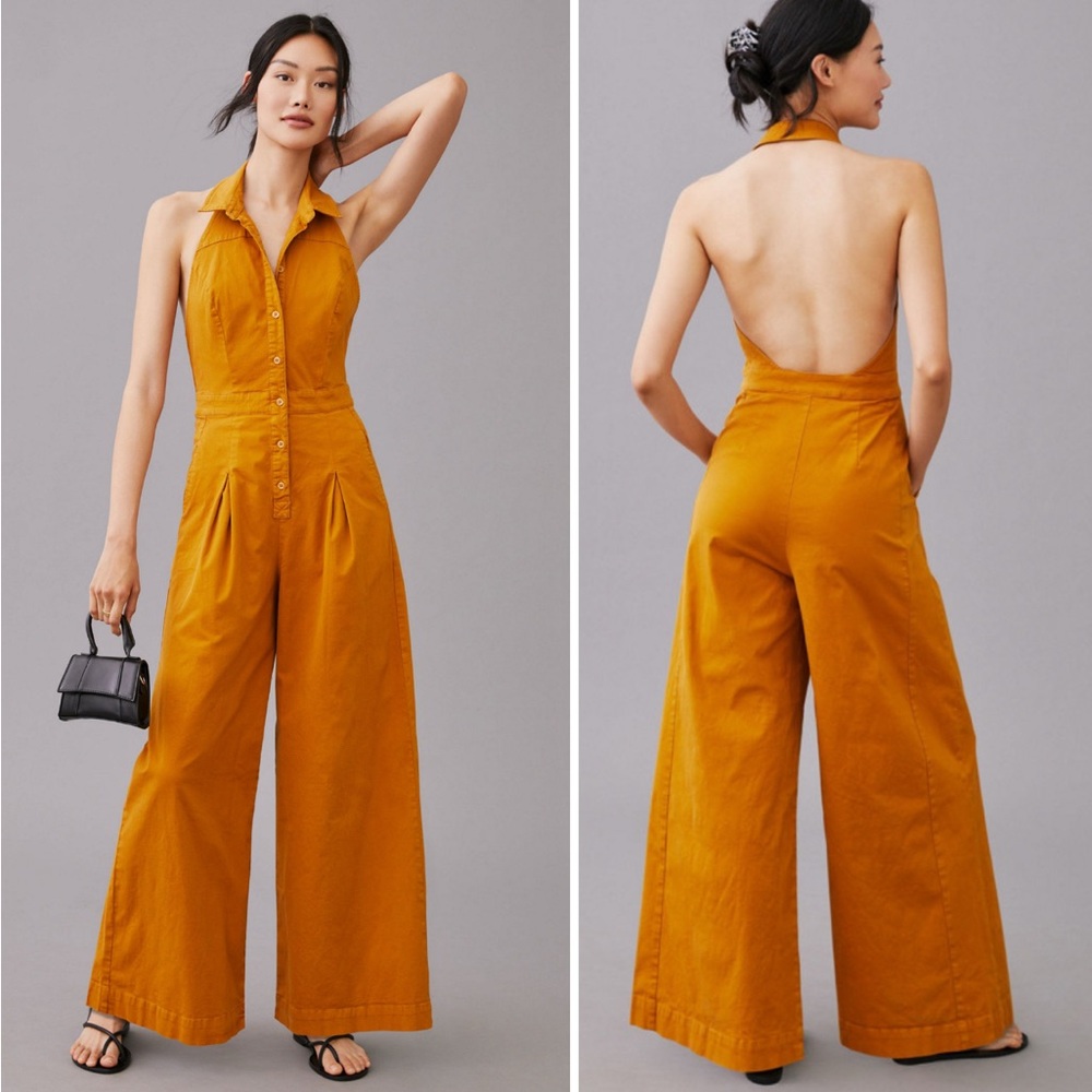 ANTHROPOLOGIE Picnic Jumpsuit wide leg, halter open back, orange size 14